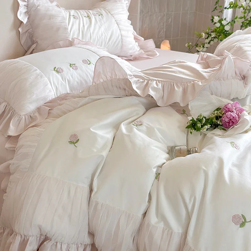 Afralia™ Rose Embroidery Lace Ruffles Bedding Set 1000TC Egyptian Cotton Duvet Cover Flat Sheet