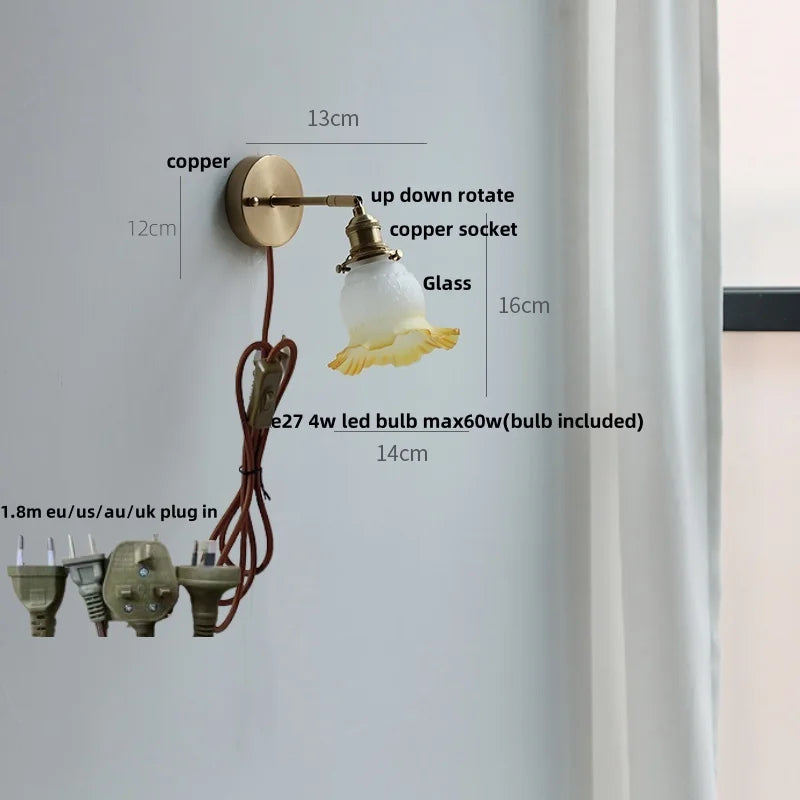 Afralia™ Nordic Modern LED Wall Lights Glass Bedside Lamp Brass Pull Chain Switch