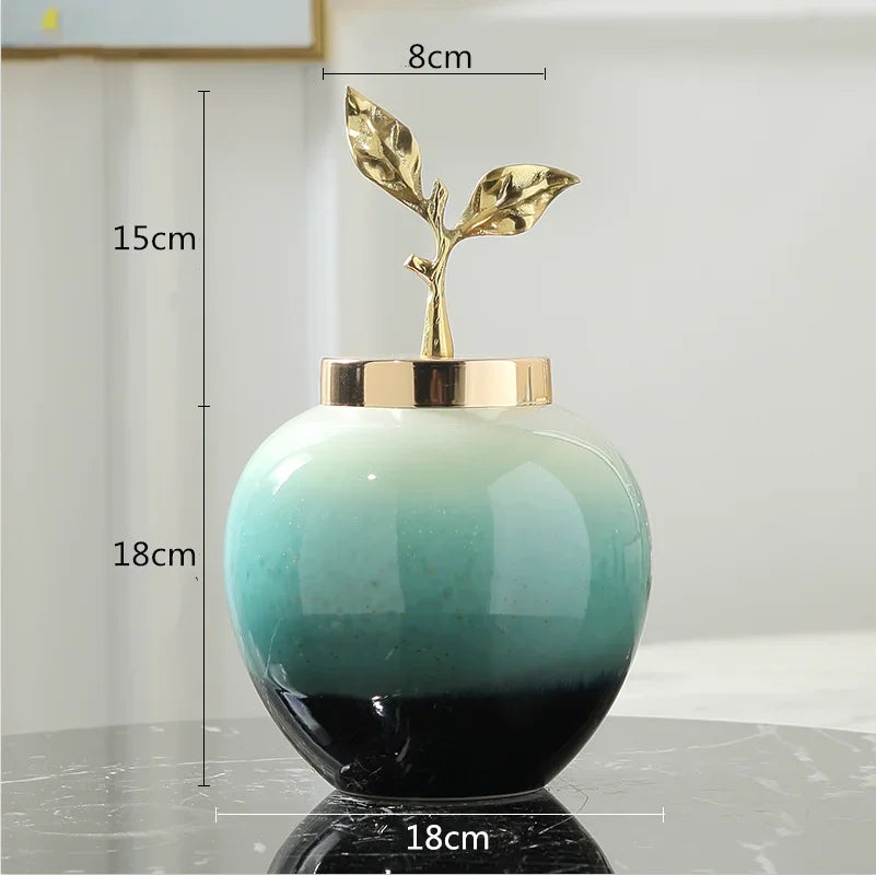 Afralia™ Gradient Ceramic Vase with Golden Leaves Cover for Modern Home Decor and Weddings