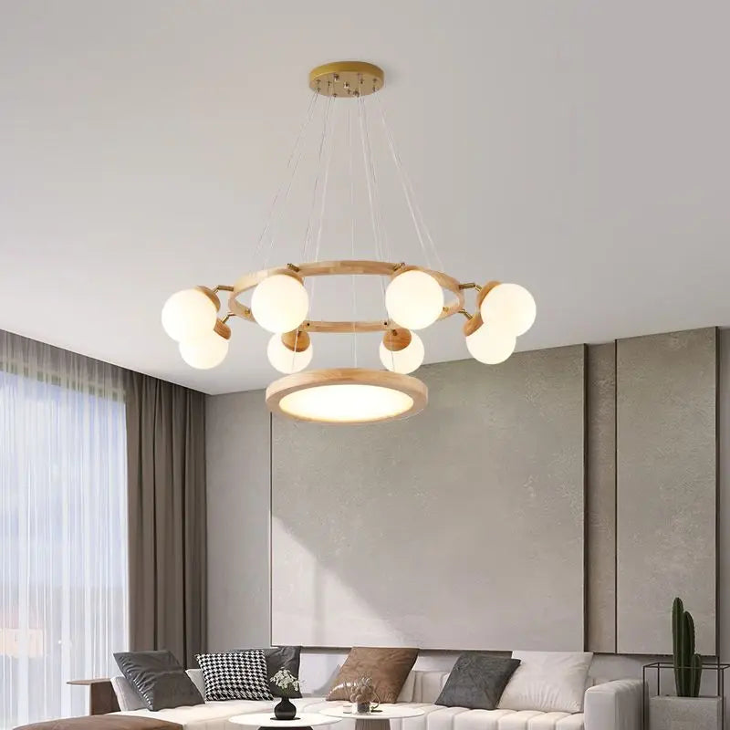 Afralia™ Nordic Log Style Wood Glass Pendant Light for Living Room Kitchen Bedroom