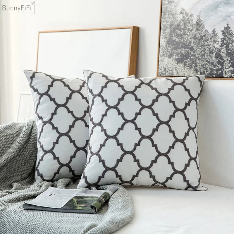 Afralia™ Geometric Embroidered Cushion Cover in Grey Canvas Cotton 45x45cm