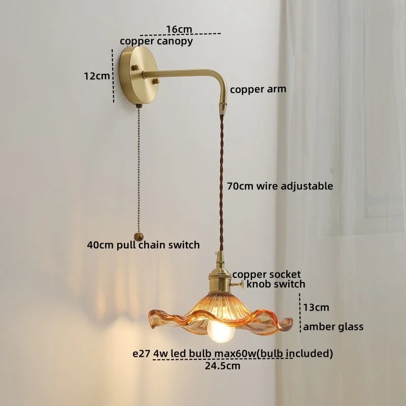 Afralia™ Glass Copper LED Wall Lights with Knob Switch, Modern Bedside Lamp