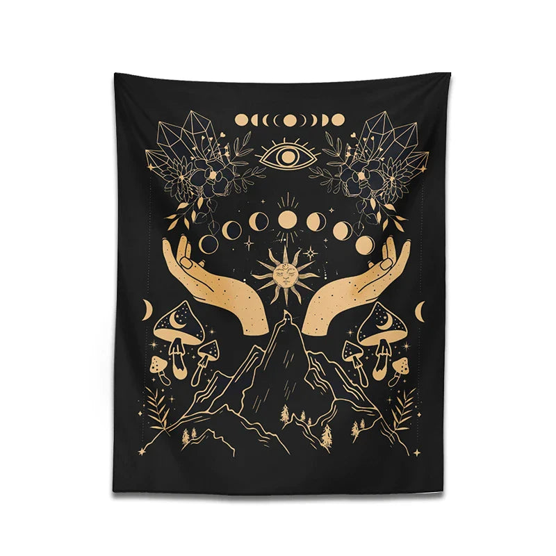 Moon Phase Magic Mushrooms Tapestry Wall Hanging by Afralia™ - Hippie Witchcraft Home Decor