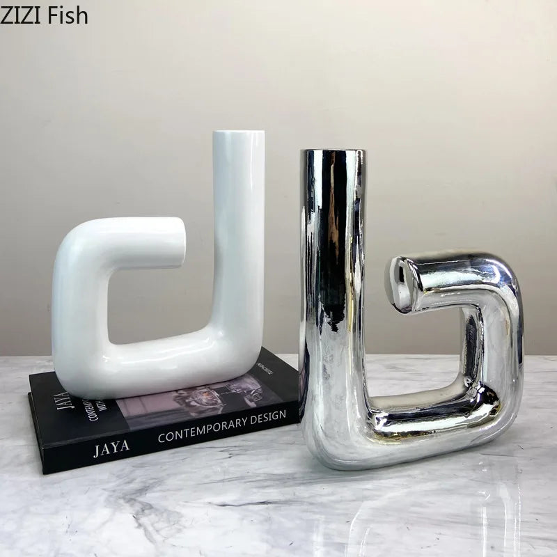 Afralia™ Curved Pipeline Ceramic Vase for Abstract Decorative Flowers Arrangement