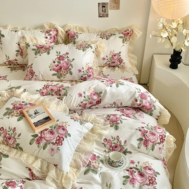 Afralia™ Vintage Rose Floral Double Layer Lace Ruffles 100% Cotton Bedding Set