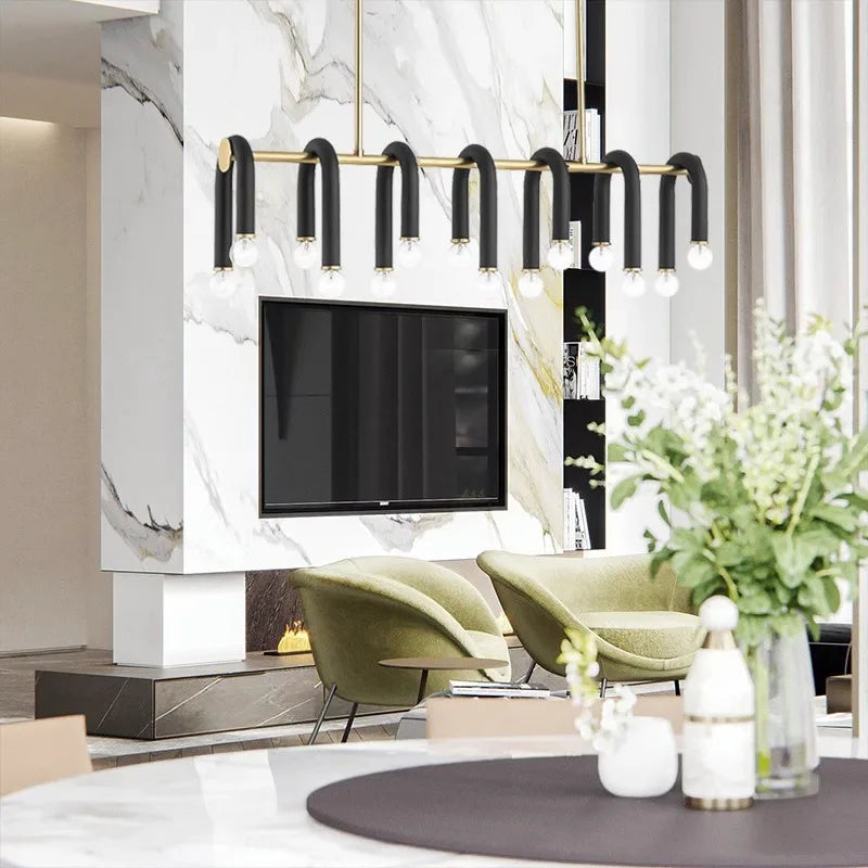 Afralia™ LED Gold Black U-shaped Tube Chandelier for Living Room Luxe Decor