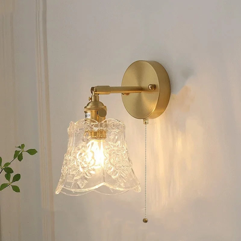 Afralia™ Green Glass LED Wall Lights Pull Chain Switch Vintage Style Bedside Lamp