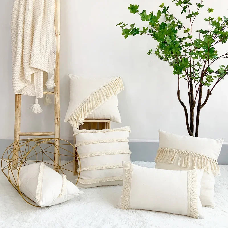 Afralia™ Boho Linen Cotton Pillow Cover with Tassels - Beige Square/Rectangular 45x45cm/30x50cm
