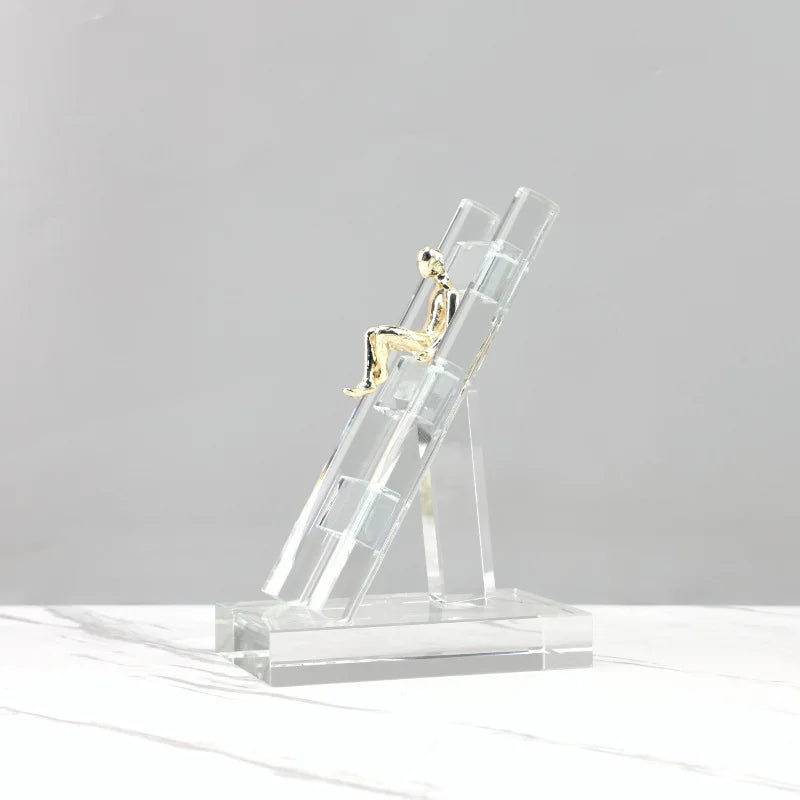 Afralia™ Crystal Staircase Statue: Golden Man Climbing Handicrafts Glass Home Decor