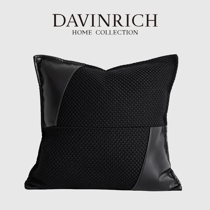 Afralia™ Luxury Leather Patchwork Throw Pillow Cover in Obsidian Black