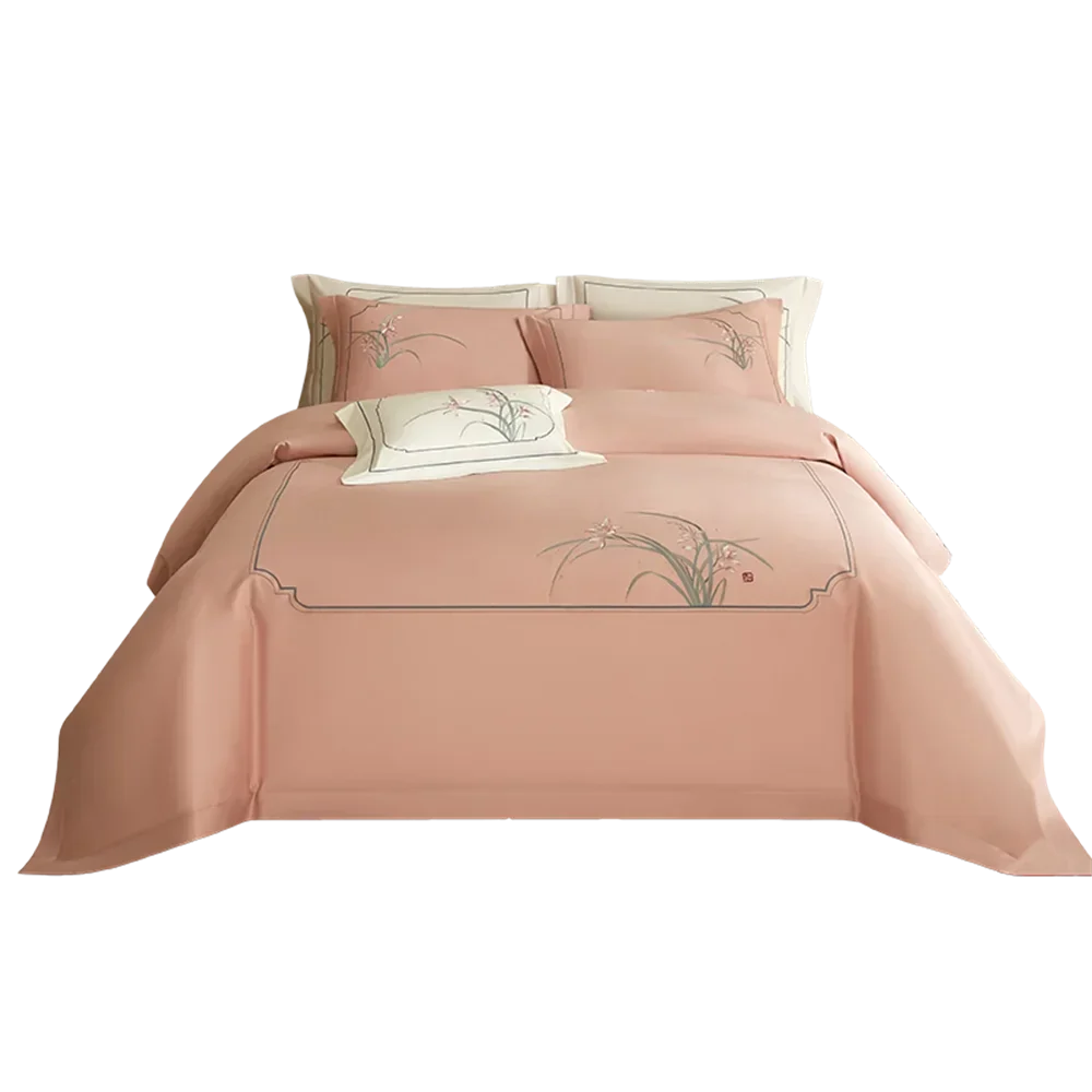 Afralia™ Pink Satin Jacquard Lotus Duvet Set 4Pcs Queen King Bedlinens