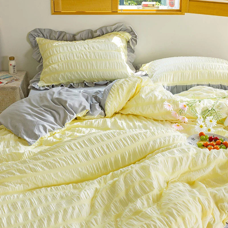 Afralia™ Princess Seersucker Kawaii Bedding Set | Lovely Ruffles Duvet Cover | Soft Comfortable Bed Sets