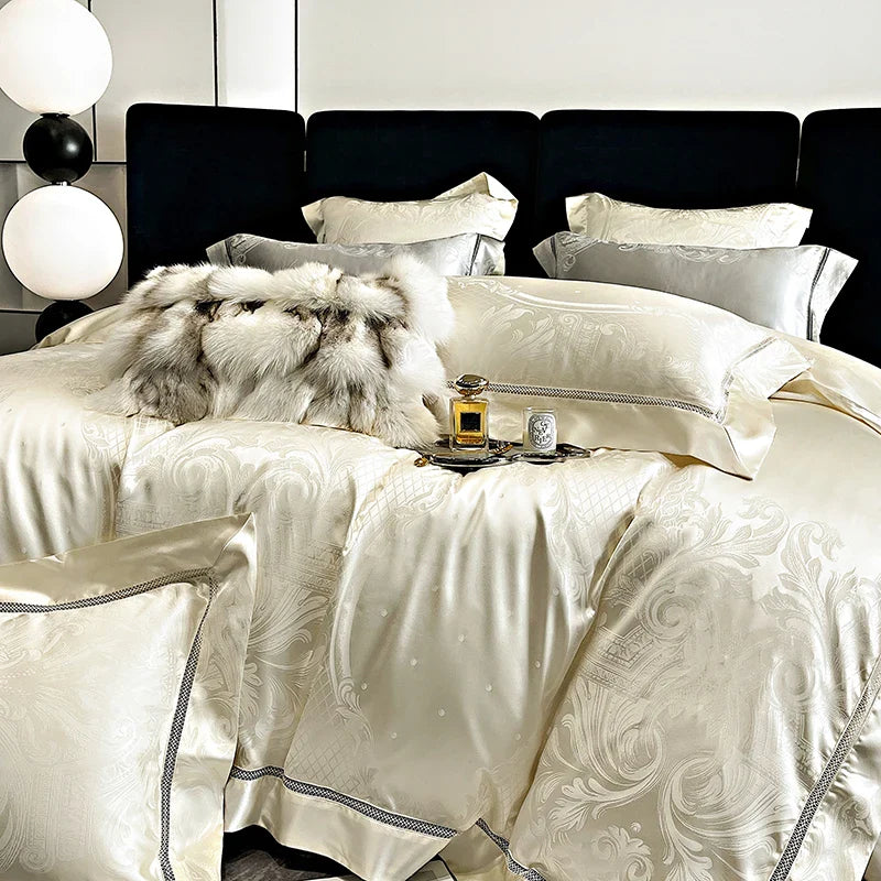 Afralia™ Brocade Satin Jacquard Egyptian Cotton Bedding Set, Luxury Silky Duvet Cover, Bed Sheet, Pillowcase