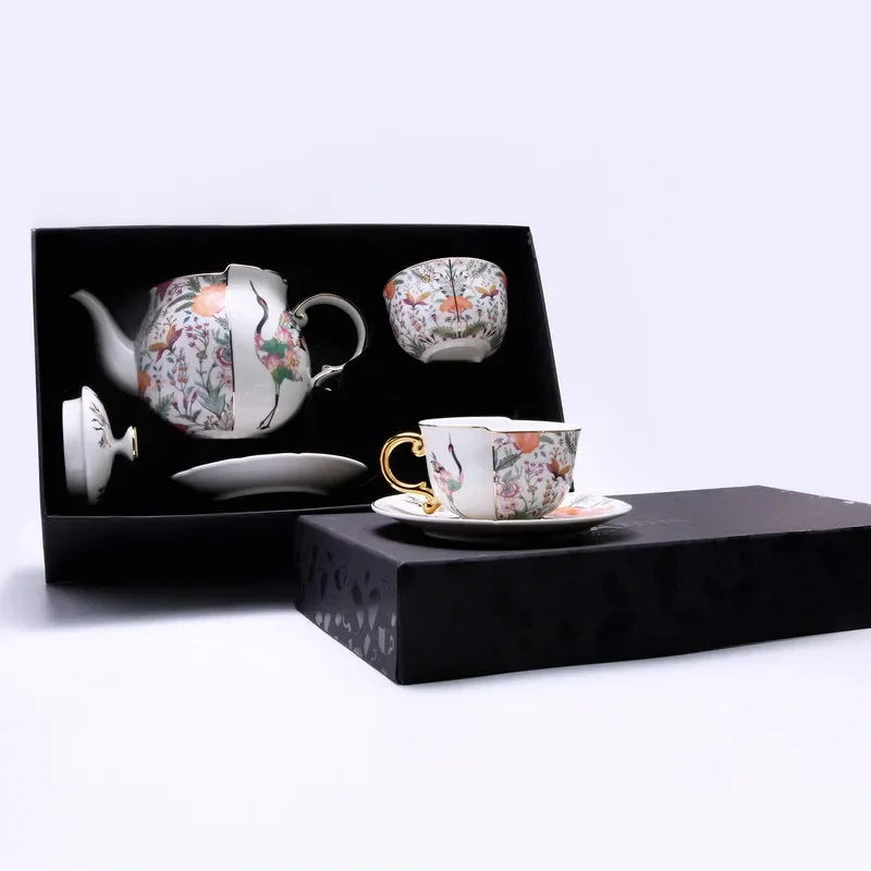Fairy Crane Pattern Ceramic Tea Set with Gold-plated Accents by Afralia™