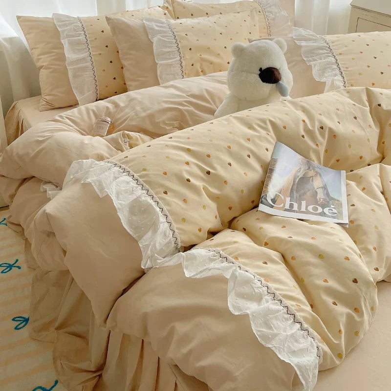 Afralia™ Cotton Small Florals Princess Bedding Set - Queen Size - Duver Cover Bed Sheet Bed Skirt Pillowcases