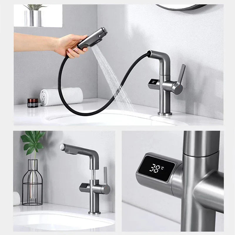 Afralia™ Brass Basin Faucet Set with Digital Display and Pull Out Function