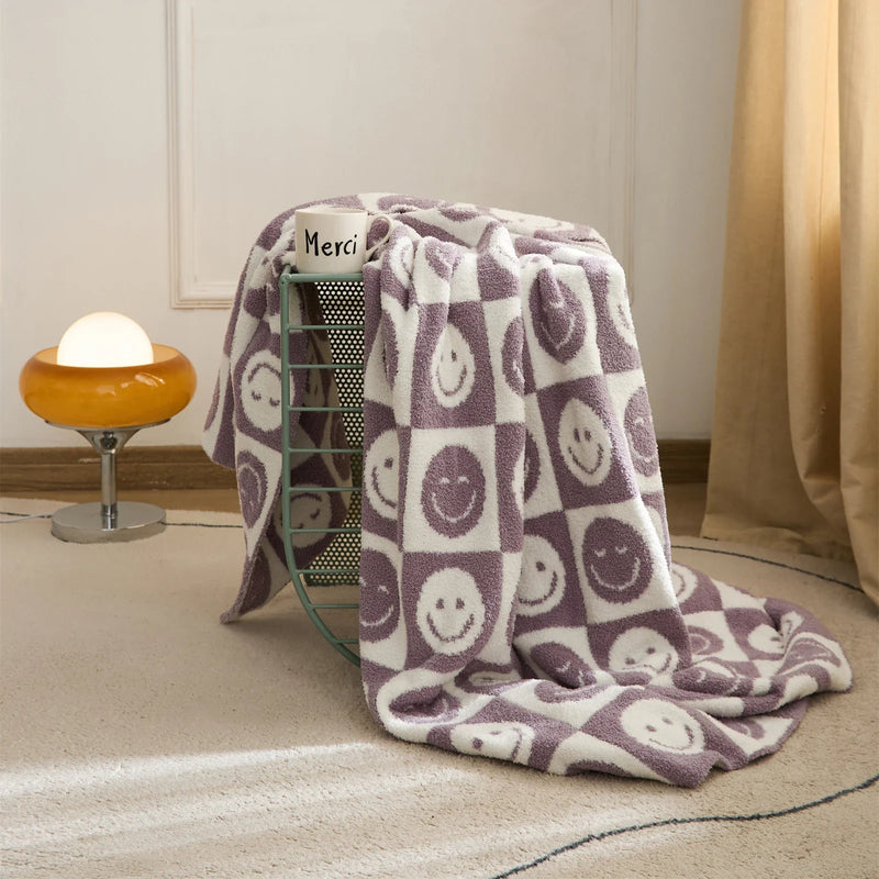 Afralia™ Knitted Checkboard Smile Face Design Fluffy Blanket - Spring Violet Pink Gray Blanket