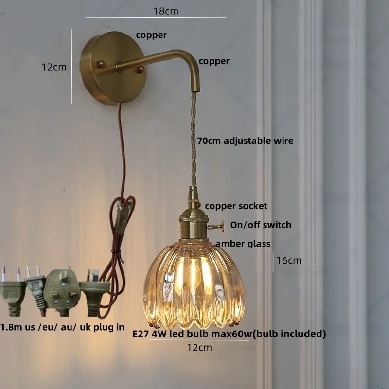 Afralia™ Glass LED Wall Lamp with Adjustable Wire, Pull Chain Switch, Modern Nordic Design