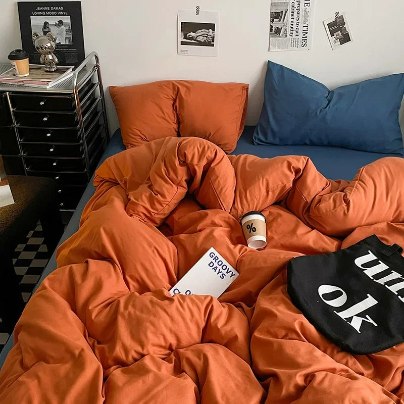 Afralia™ Washed Cotton Bed Set - Soft & Breathable 4-Piece Solid Color Duvet Cover Bed Sheet