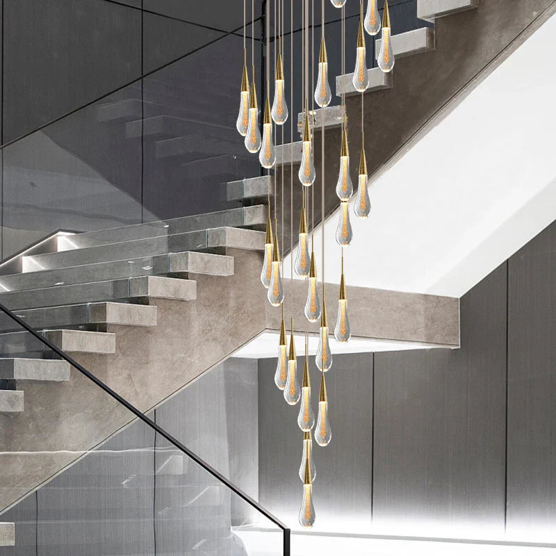 Afralia™ Crystal Tear Drop Chandelier for Staircase, LED Pendant Light in Gold - Indoor Decor