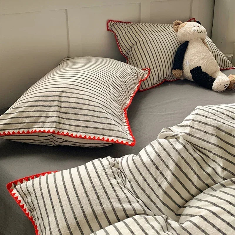 Afralia™ Striped Shell Edge Bedding Set | Cozy Washed Cotton Fitted Sheet Set