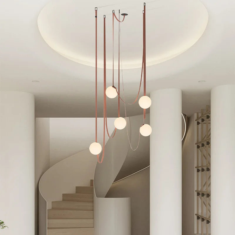 Afralia™ Modern Leather Chandelier LED Staircase Pendant Lamp for Hotel Living Room