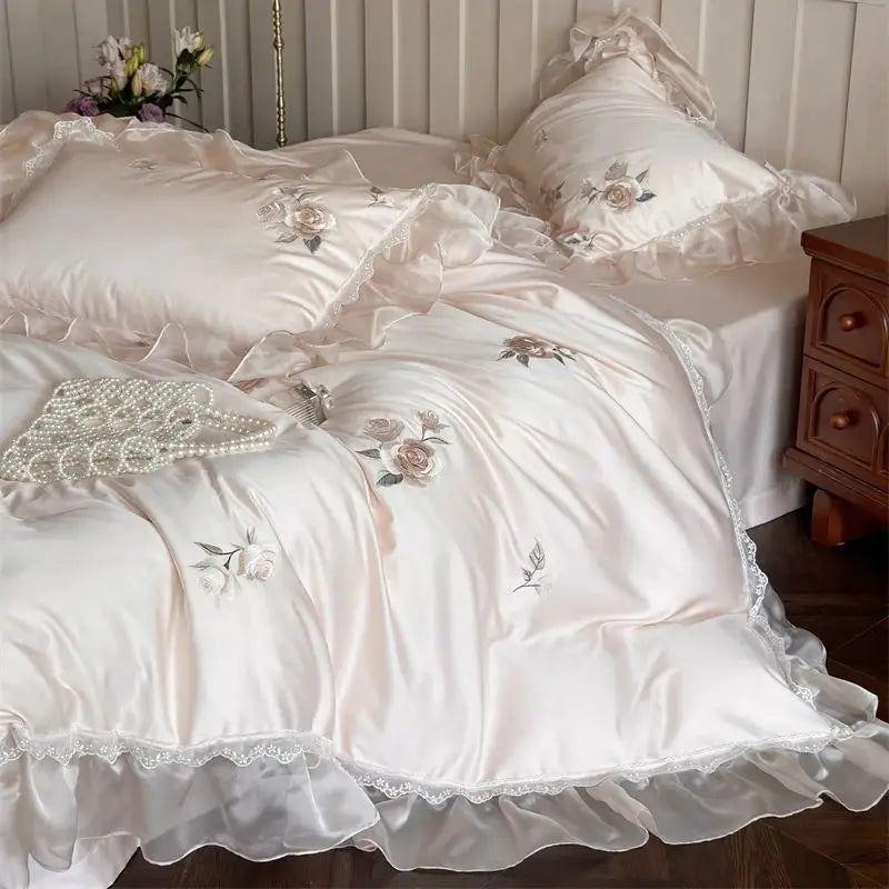 Afralia™ Rose Flowers Embroidery Lace Ruffles Wedding Bedding Set, 1000TC Egyptian Cotton