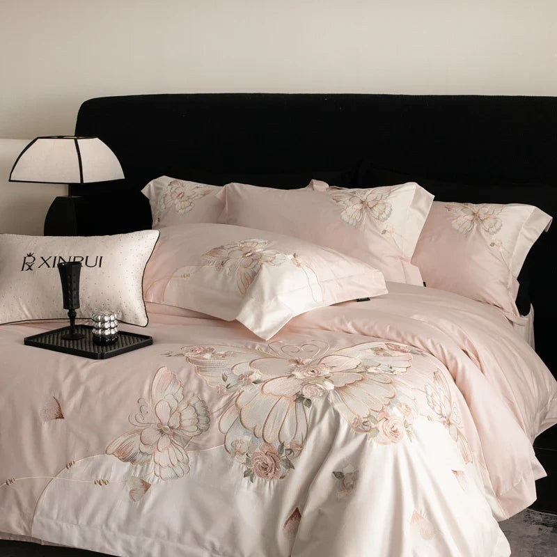 Afralia™ Luxe Butterfly Flowers Embroidery Bedding Set 800TC Egyptian Cotton Duvet Covers Sheets Pillowcases