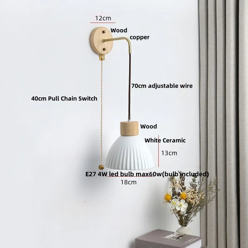 Afralia™ Ceramic Wood Wall Sconce LED Light with Pull Chain Switch - Modern Nordic Style