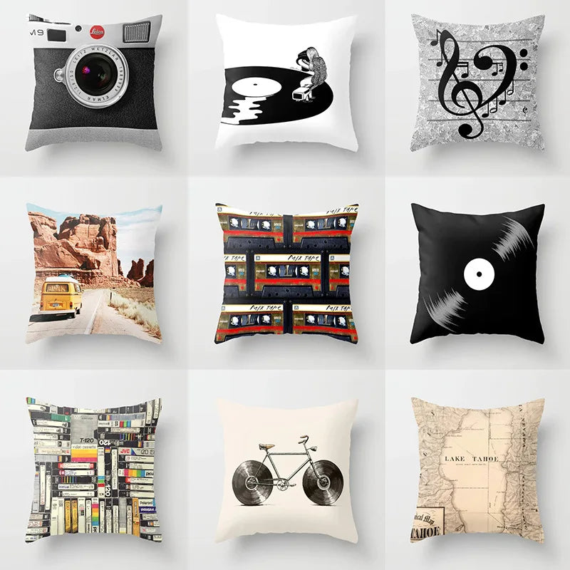 Afralia™ Black Camera Print Retro Cushion Cover for Home Sofa Chair