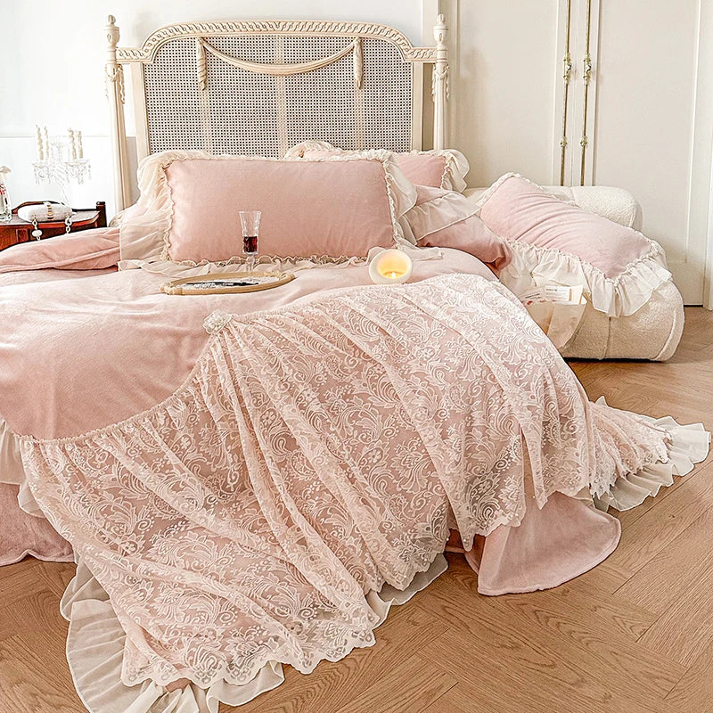 Afralia™ French Lace Ruffles Princess Wedding Bedding Set, Velvet Fleece Duvet Cover Set