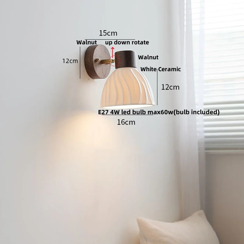 Afralia™ White Flower Ceramic LED Wall Sconce with Wood Base and Copper Rotate
