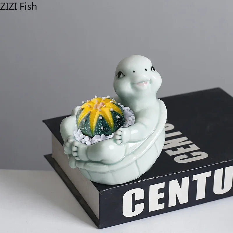 Afralia™ Cartoon Turtle Ceramic Vase for Table Decoration and Flowers Arrangement
