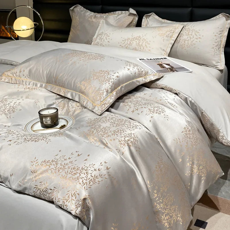 Afralia™ Silk-Cotton Jacquard Bedding Set in Nude, Single/Double Size Soft Bedclothes