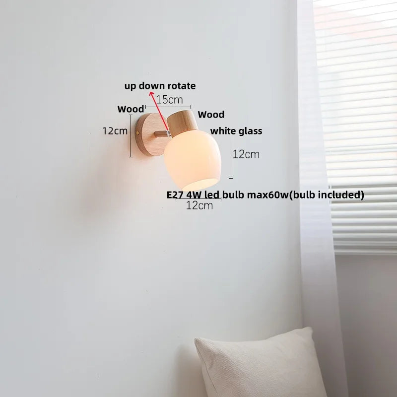 Afralia™ Wood Canopy LED Wall Sconce White Glass Nordic Modern Bedside Lamp