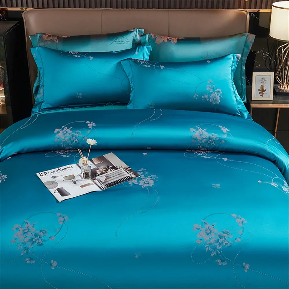 Afralia™ Blue Satin Jacquard Embroidery Bedding Set: King/Queen Size Bed Lines, Duvet Cover, Pillowcase