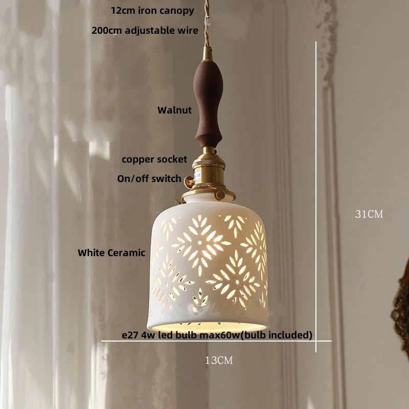 Afralia™ Nordic LED Pendant Light White Ceramic Walnut Wood Hanging Lamp