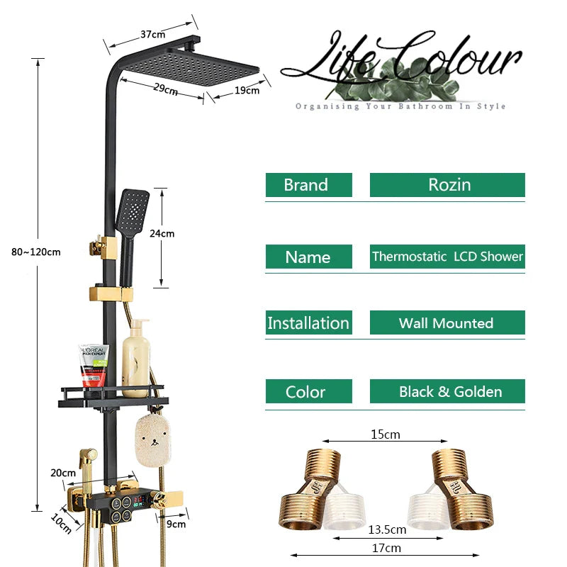 Afralia™ Gold Thermostatic Shower Faucet Set: Smart Digital Mixer, Wall Mounted Rainfall System