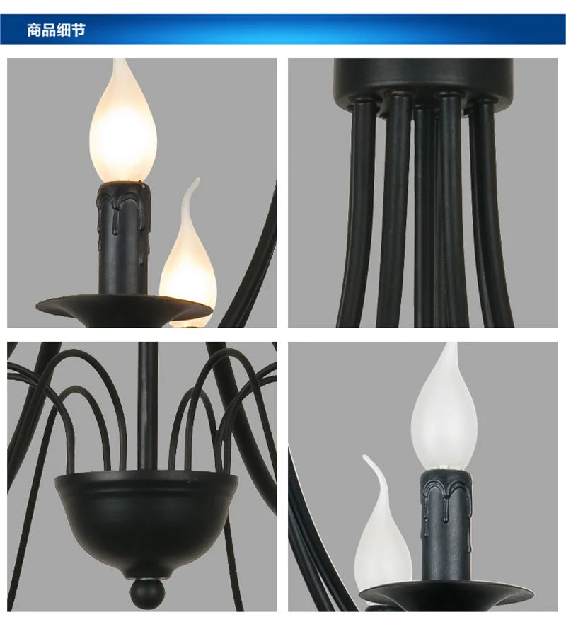 Afralia™ Wrought Iron Chandelier Candle Light Fixture for Living Room - Black Metal Pendant Lamp