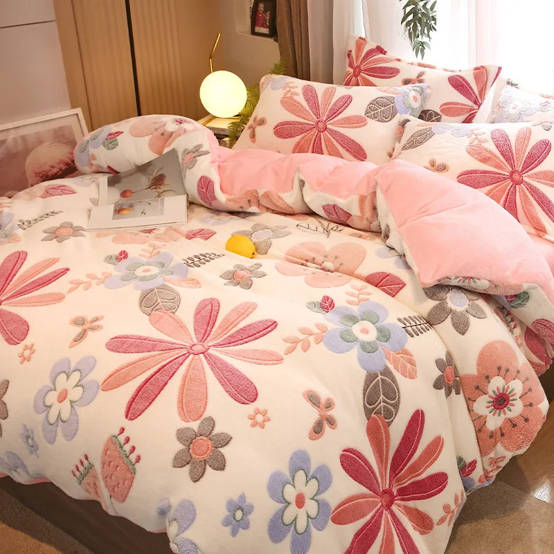 Afralia™ Winter Flower Printed Coral Fleece Duvet Cover 240X220