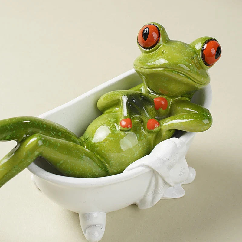 Afralia™ Toilet Frog Resin Figurine Funny Home Decoration Ornament Froghtub Soaking