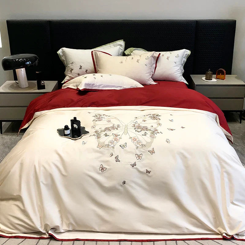 Afralia™ Butterfly Flowers Embroidery Wedding Bedding Set 1000TC Egyptian Cotton Duvet Cover