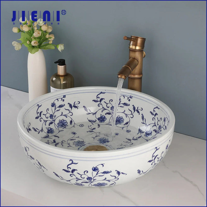 Afralia™ Blue & White Porcelain Basin Set with Bamboo Faucet and Pop Drain.