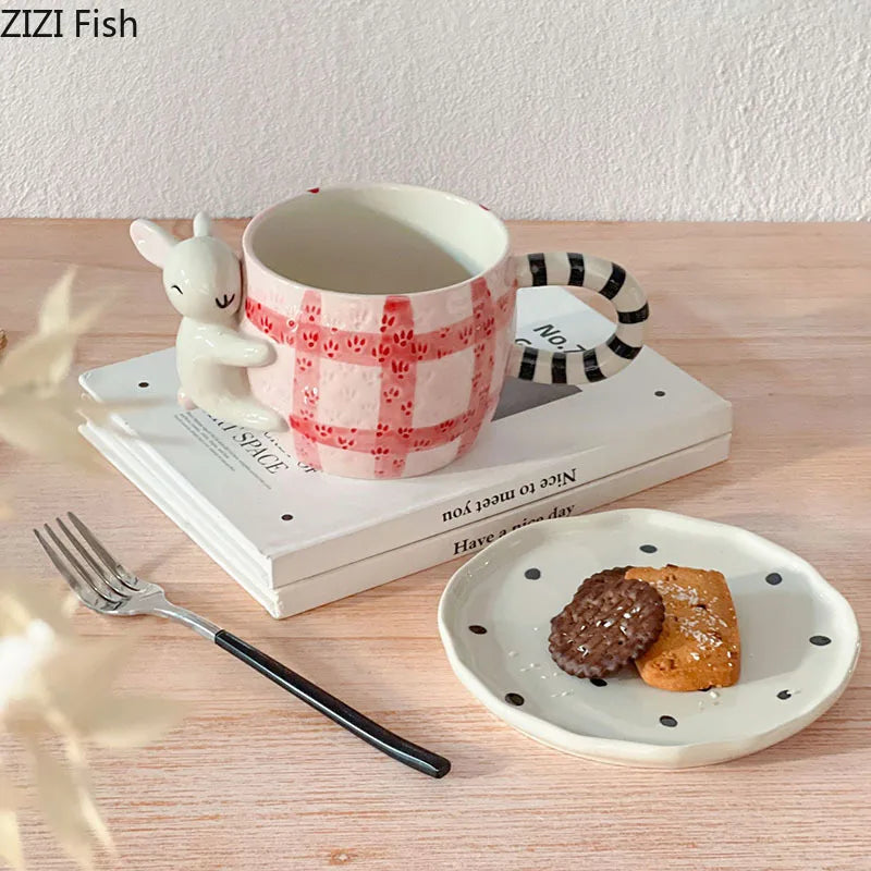 Afralia™ Rabbit Cartoon Ceramic Cup & Saucer Set for Dining Table and Coffee | Tea Mug