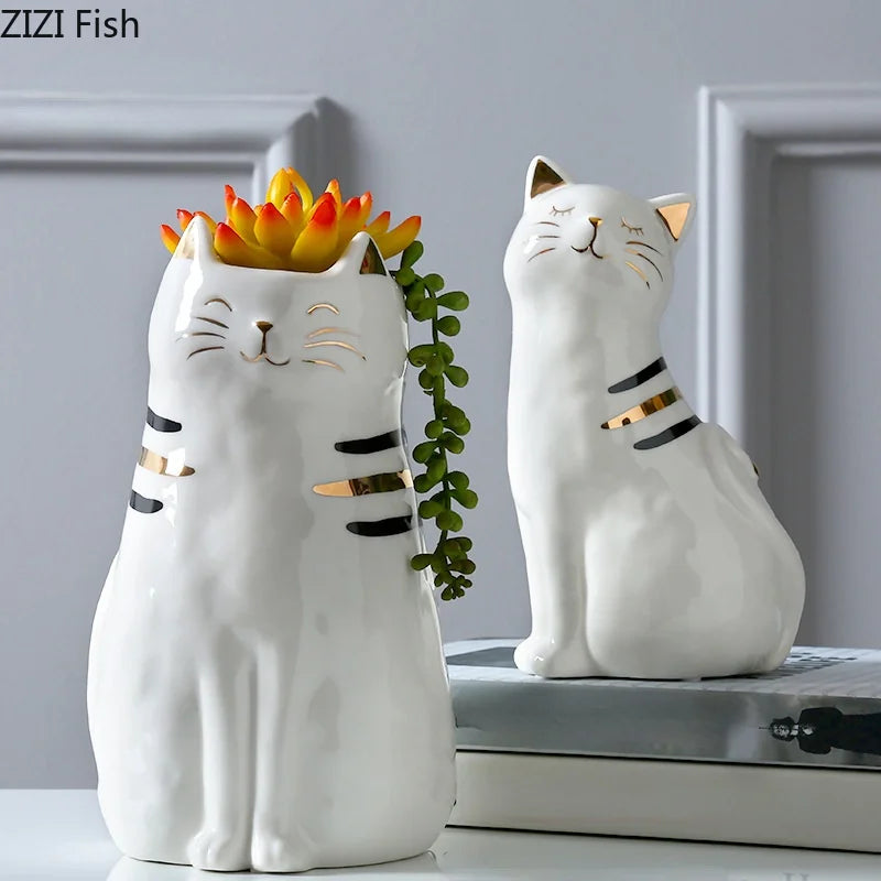 Afralia™ Cat Vase Porcelain Kitten Ornaments Flowerpot Handicrafts Home Decoration