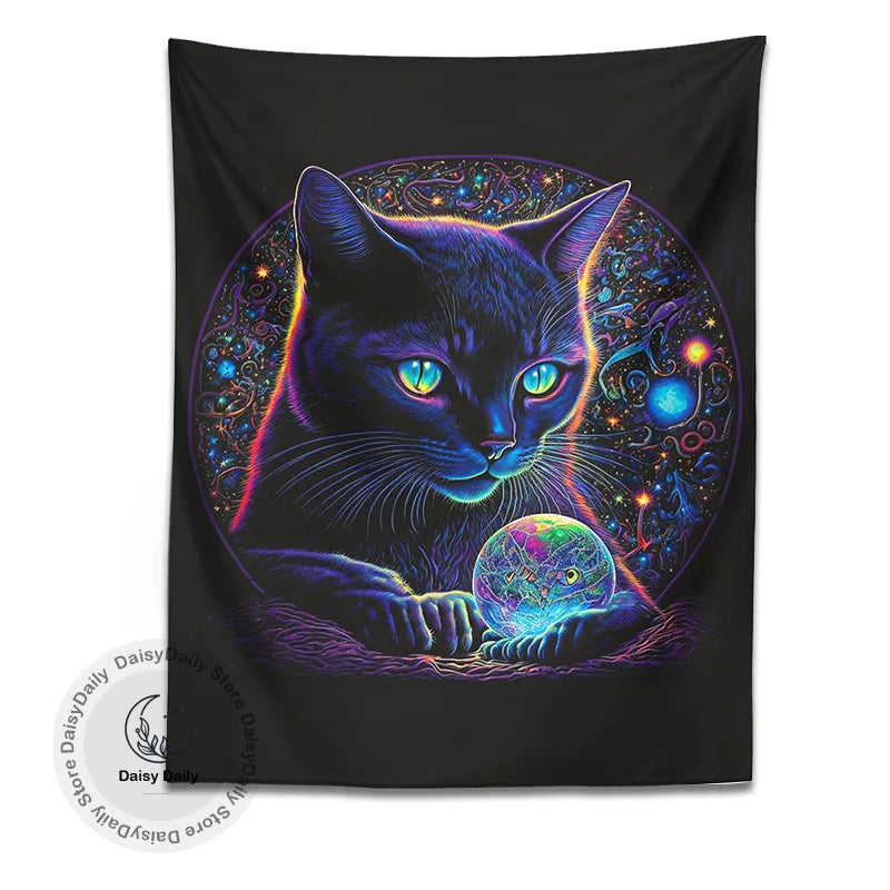 Afralia™ Black Cat Tapestry: Trippy Magic Crystal Ball Wall Art for Boho Home Decor