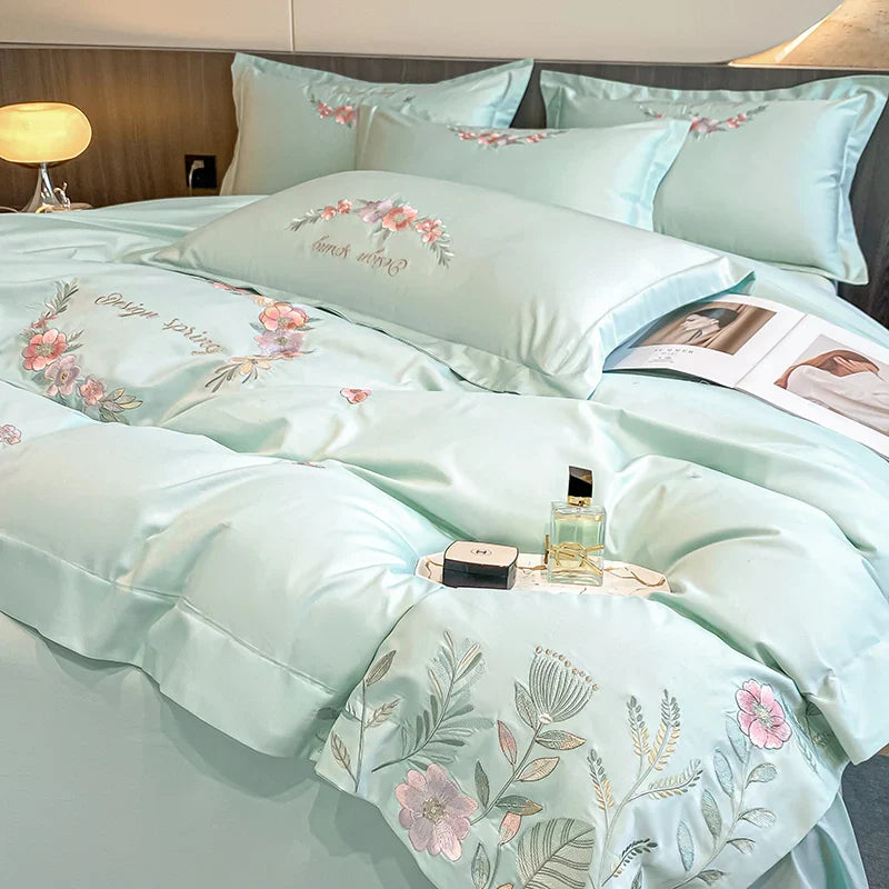 Afralia™ Luxury Flowers Embroidery Bedding Set: Duvet Cover, Sheet, Pillowcases