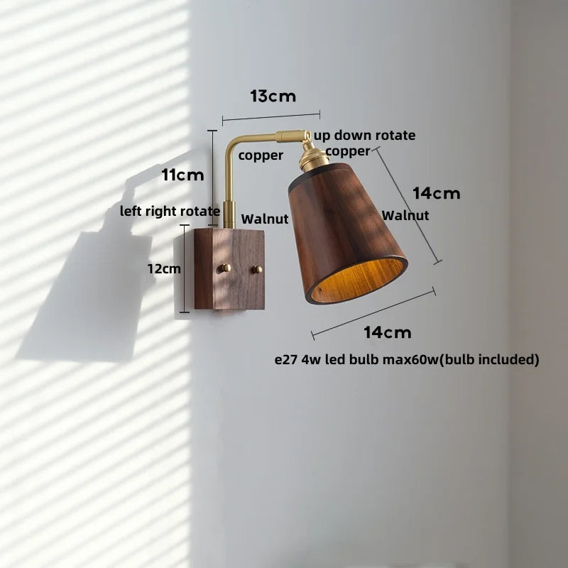 Afralia™ Walnut Wood LED Wall Lamp Sconce with Pull Chain Switch Rotation Mirror Light