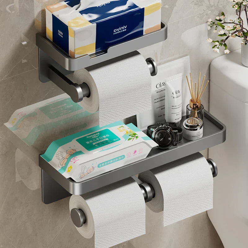 Afralia™ Wall-Mounted Toilet Paper Holder with Storage Tray and Phone Stand