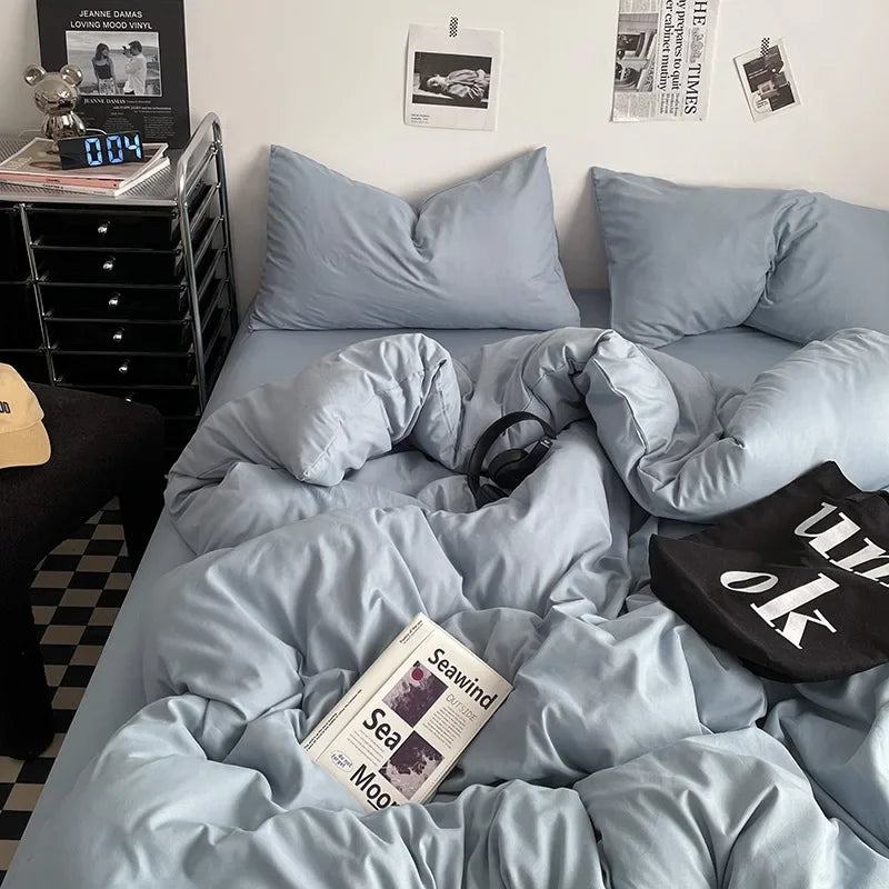 Afralia™ Washed Cotton Bed Set - Soft & Breathable 4-Piece Solid Color Duvet Cover Bed Sheet